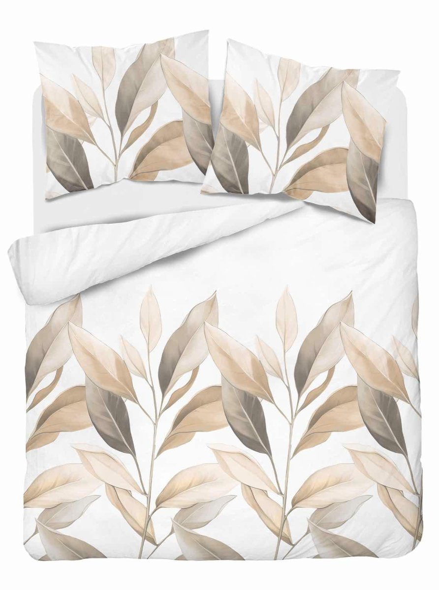 Pościel satynowa 160x200 biała beżowe liście – 5057 B – Home Elegance
