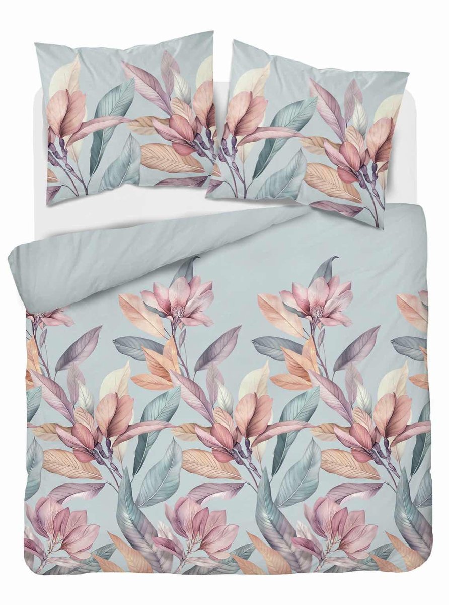 Pościel satynowa 160x200 błękitna kwiaty i liście – 5539 A – Home Elegance