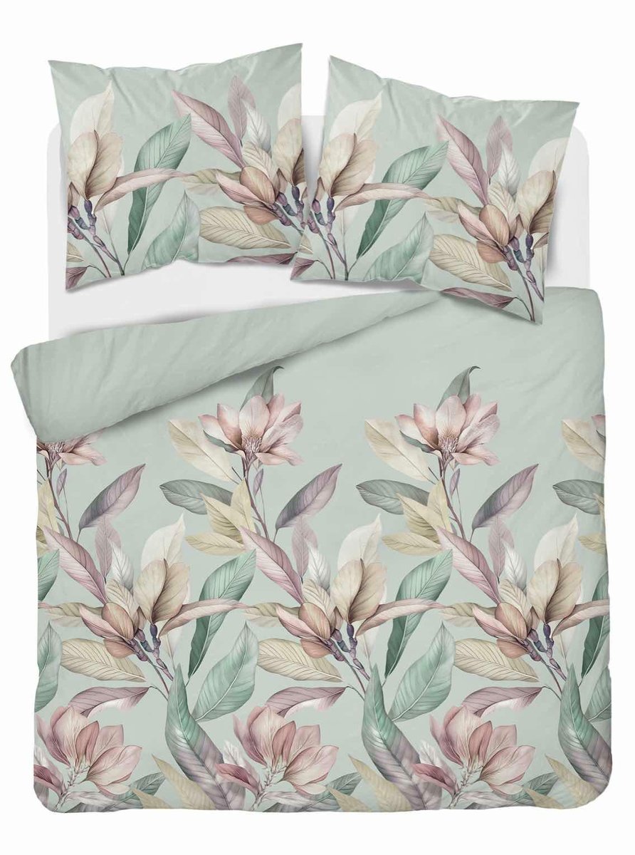 Pościel satynowa 160x200 szałwiowa kwiaty i liście – 5539 B – Home Elegance