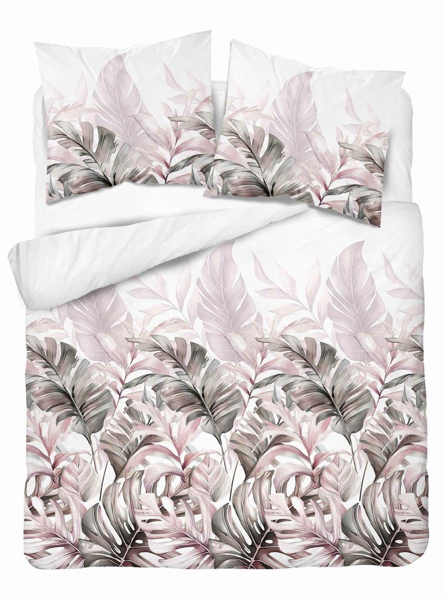 Pościel satynowa 220x200 biała tropikalne liście różowe – 5540 B – Home Elegance