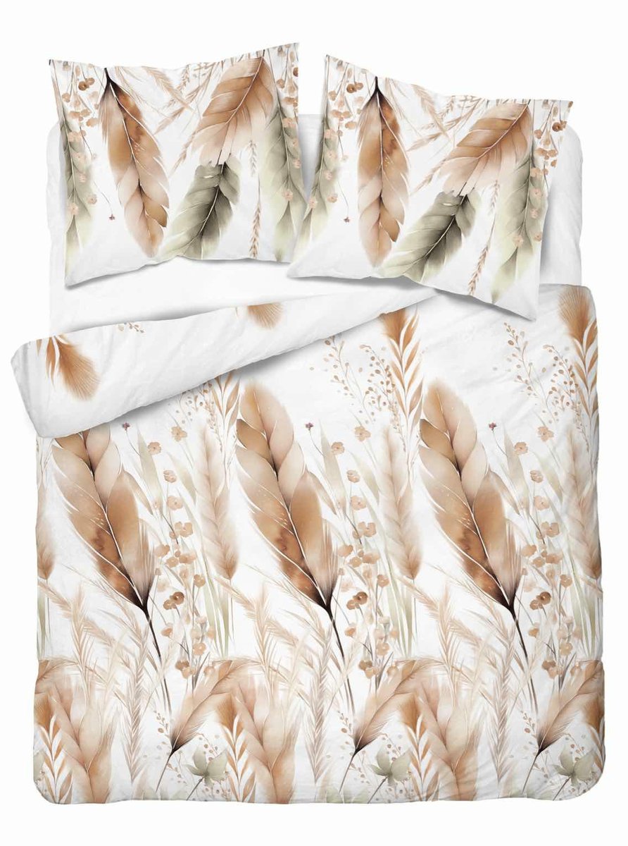Pościel satynowa 160x200 biała pióra beżowo-zielone – 5541 A – Home Elegance
