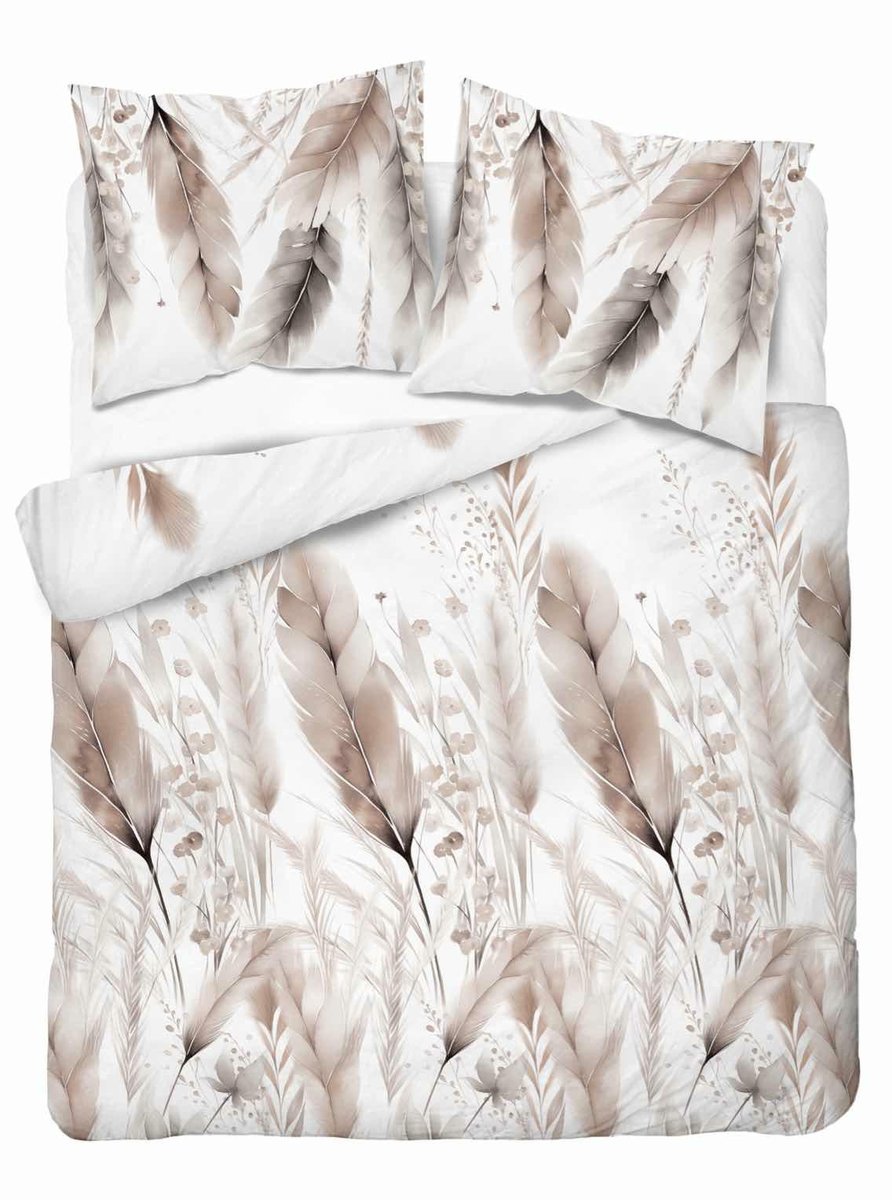 Pościel satynowa 160x200 biała pióra szaro-beżowe – 5541 B – Home Elegance