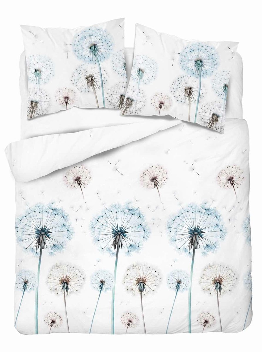 Pościel satynowa 160x200 biała dmuchawce niebieskie Home Elegance