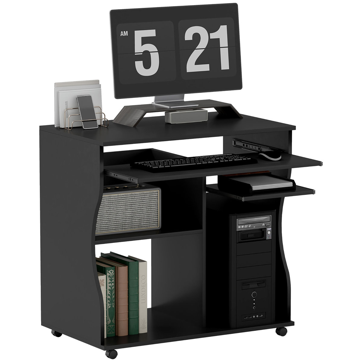 Biurko komputerowe HOMCOM z kółkami 80 x 48 cm, stolik biurowy z podstawką pod monitor, półką na klawiaturę, schowkiem, stolik pod komputer do biura..