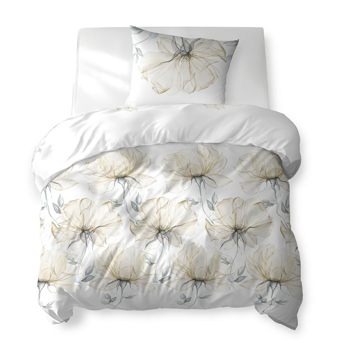 Pościel bawełniana 140x200 biała w duże kremowe kwiaty – 5770 B – Cotton Bloom