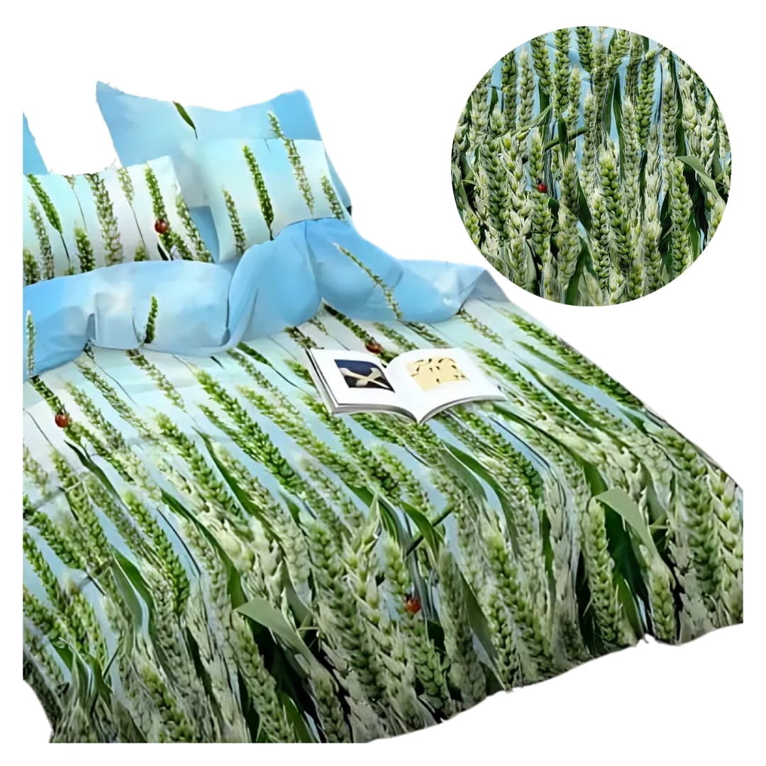Komplet Pościeli 3D 160x200 + 2x70/80 Zielona Pszenica Satyna Bawełniana 2968