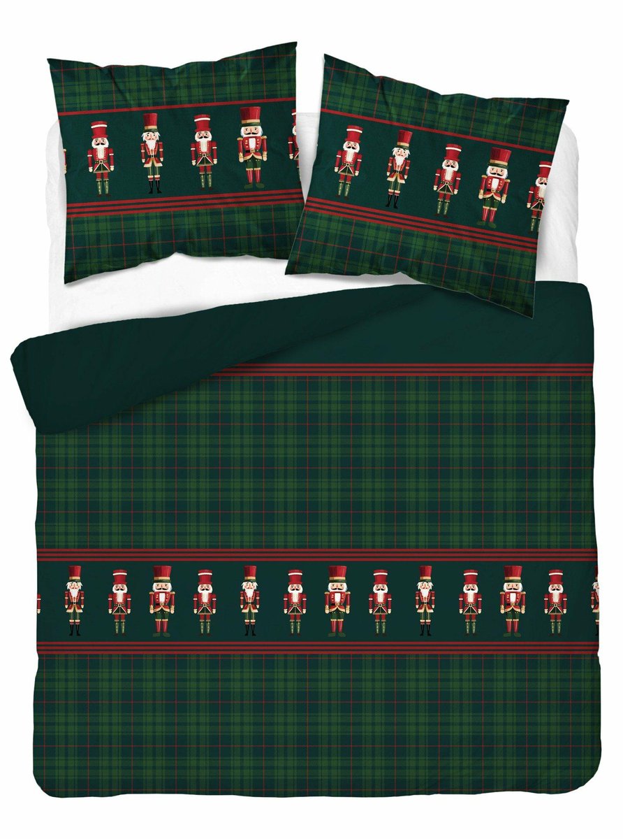 Pościel bawełniana świąteczna 160x200 zielona w zieloną kratkę z dziadkami do orzechów – 5820 B – Christmas Comfort