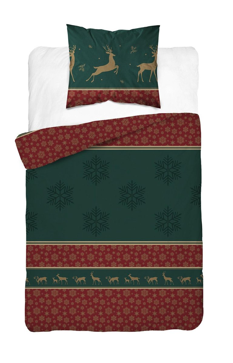 Pościel świąteczna 140x200 zielono-bordowa z reniferami i śnieżynkami Christmas Comfort