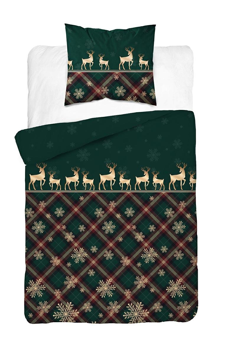 Pościel świąteczna 140x200 zielona w kratkę z reniferami i złotymi śnieżynkami Christmas Comfort