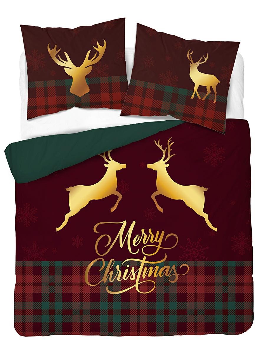 Pościel bawełniana świąteczna 220x200 w kratę z reniferami Merry Christmas – 5827 A – komplet pościeli bożonarodzeniowej Christmas Dreams