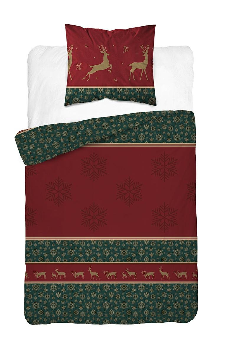 Pościel świąteczna 140x200 bordowo-zielona z reniferami i śnieżynkami Christmas Comfort