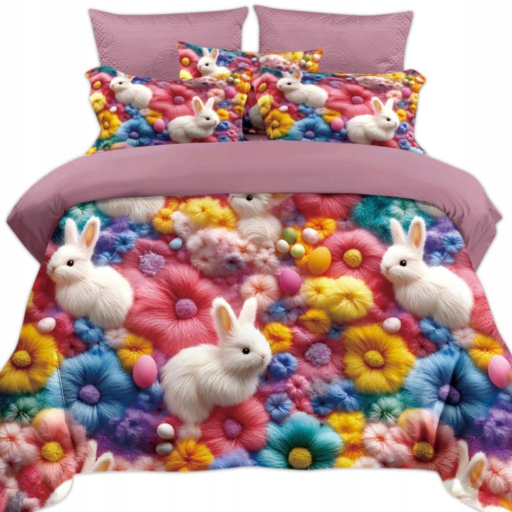 KOMPLET POŚCIELI 160x200 + 2 POSZEWKI NA PODUSZKI KRÓLIKI I KWIATY