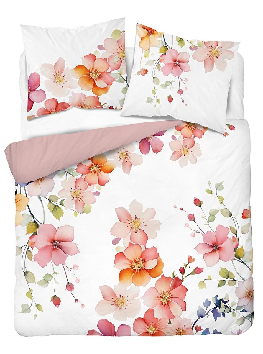 Pościel bawełniana 220x200 biało-różowa dwustronna w pastelowe kwiaty – 5837 A – komplet pościeli całorocznej Floral Elegance