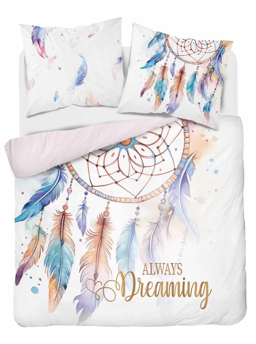 Pościel bawełniana 160x200 biała w stylu boho z łapaczem snów i piórami Always Dreaming – 5834 A – komplet pościeli całorocznej Floral Elegance