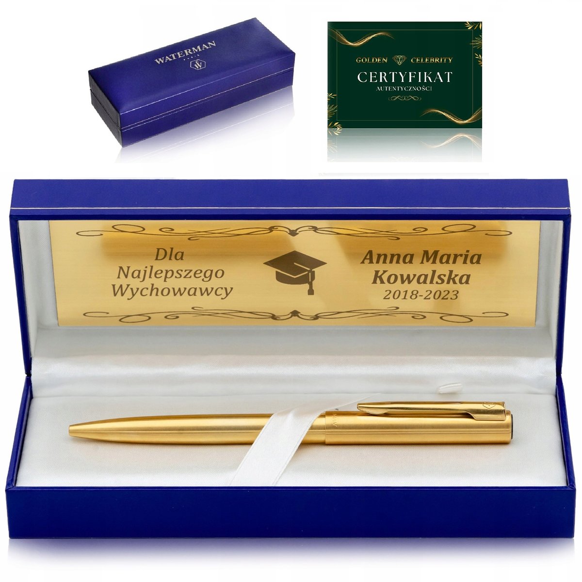 LUKSUSOWY ZŁOTY DŁUGOPIS WATERMAN 24K+PUDEŁKO Z GRAWEREM DZIEŃ NAUCZYCIELA