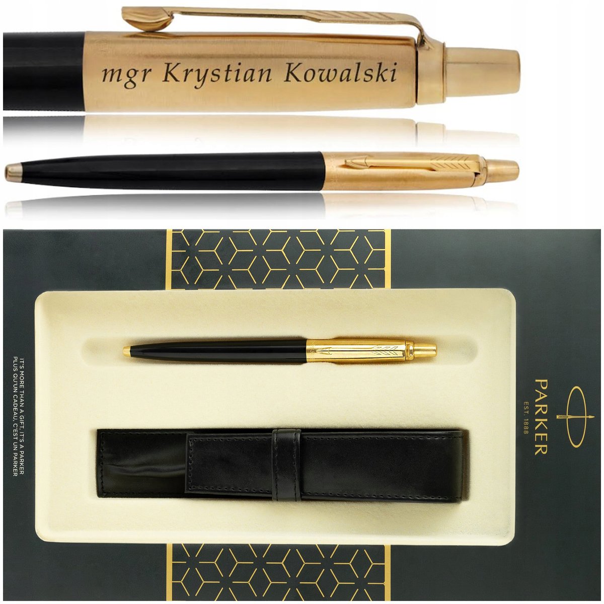ZŁOTY DŁUGOPIS PARKER JOTTER CZARNY 24 KARATY + PUDEŁKO Z ETUI + GRAWER