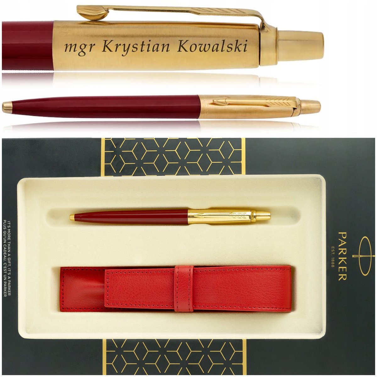 ZŁOTY DŁUGOPIS PARKER JOTTER CZERWONY 24 KARATY + PUDEŁKO Z ETUI + GRAWER