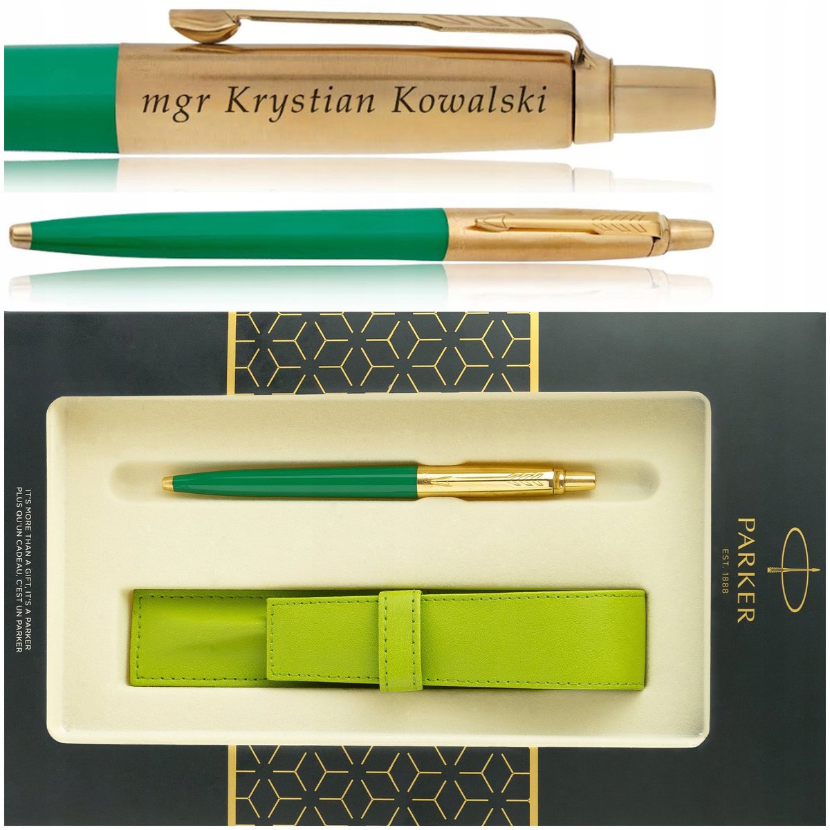 ZŁOTY DŁUGOPIS PARKER JOTTER ZIELONY 24 KARATY + PUDEŁKO Z ETUI + GRAWER
