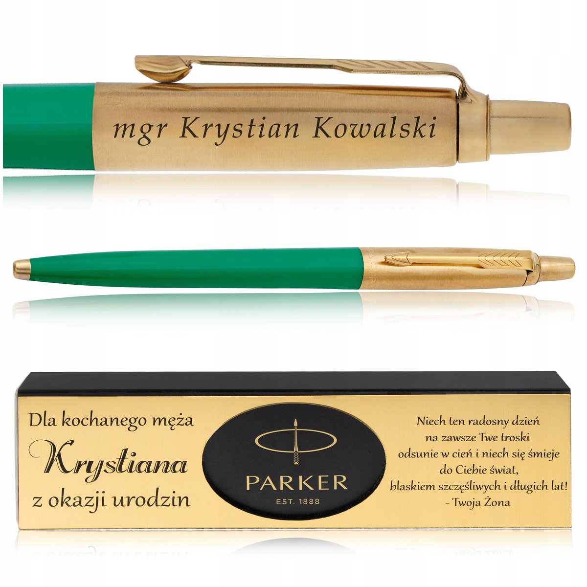 ZŁOTY DŁUGOPIS PARKER JOTTER ZIELONY 24 KARATY + PUDEŁKO Z DEDYKACJĄ GRAWER