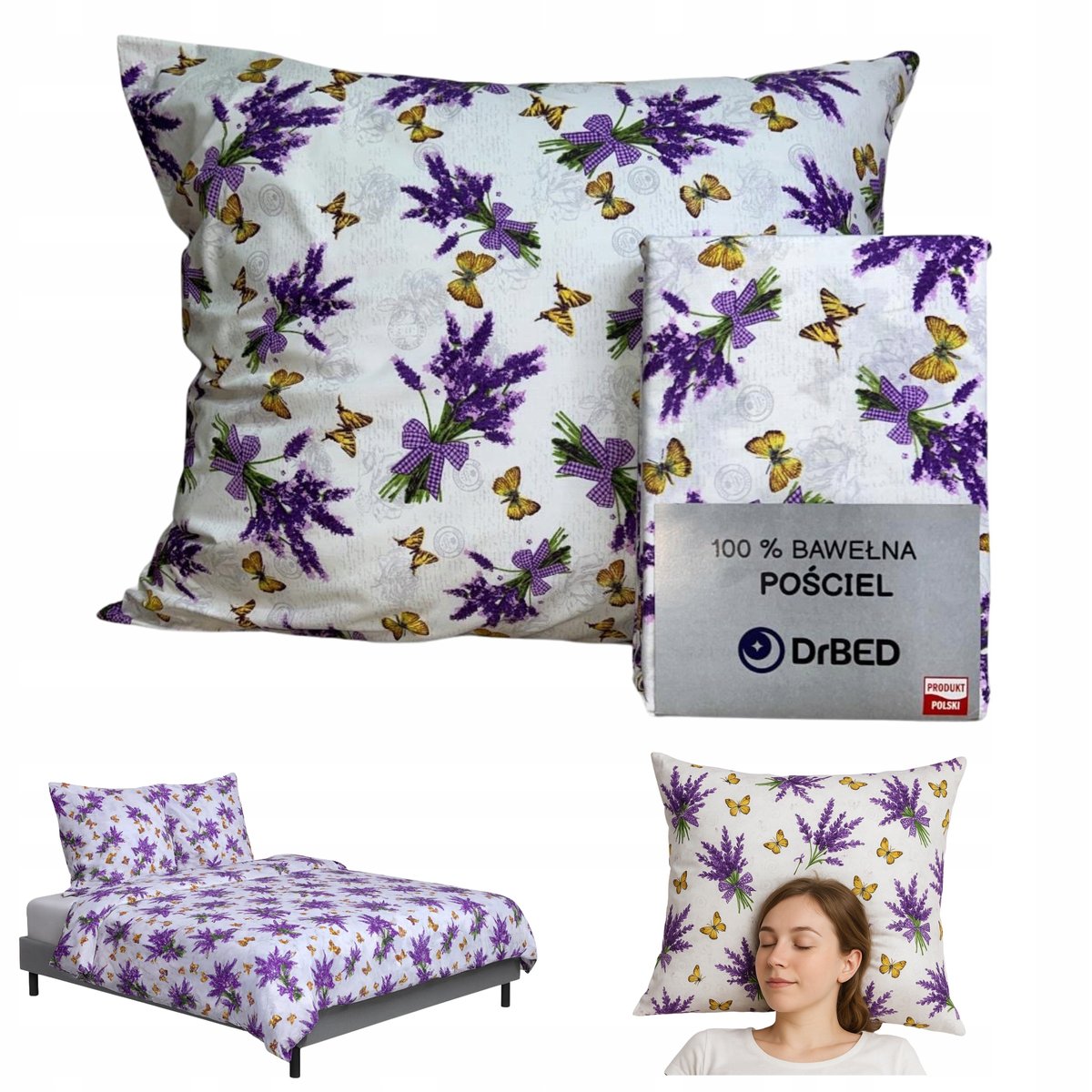 Komplet Pościeli 180x200 Pościel Bawełniana 100% BAWEŁNA LAWENDA MOTYLE