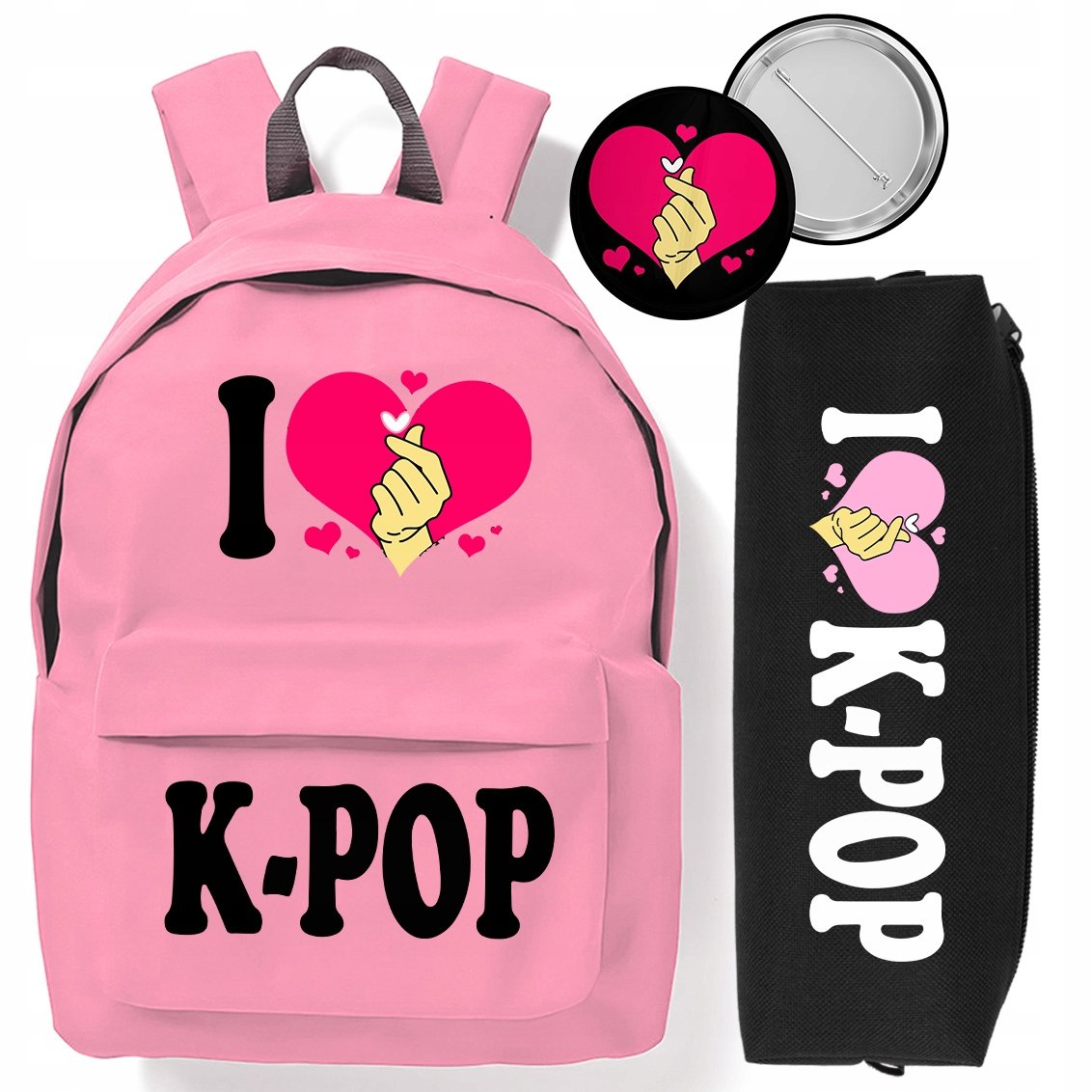ZESTAW PLECAK RÓŻOWY PIÓRNIK PRZYPINKA I LOVE KPOP SZKOLNY MŁODZIEŻ TREND