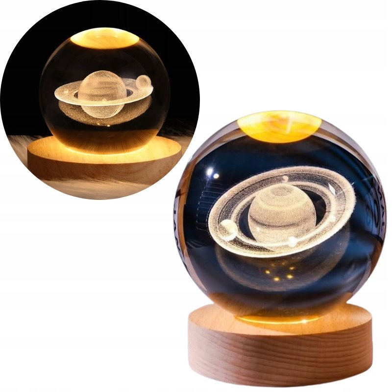 Lampka LED Nocna Biurkowa Ciepła Szklana Kula Saturn 3D na prezent usb
