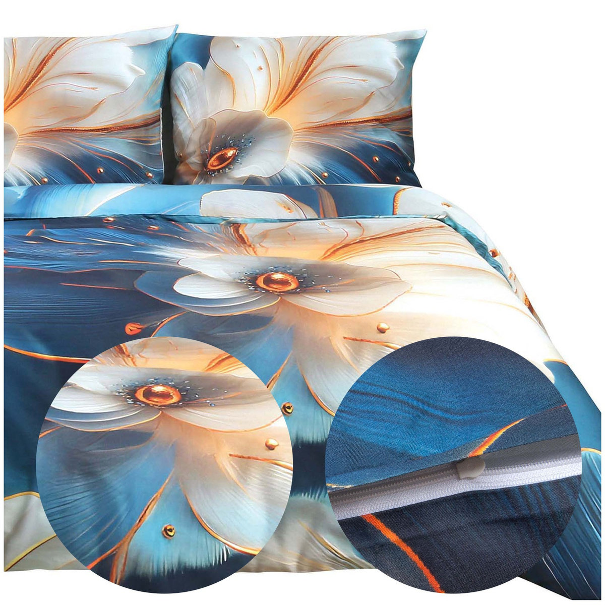 Pościel satynowa 180x200 Kwiaty niebieska złota 12414 SATYNLOVE PREMIUM