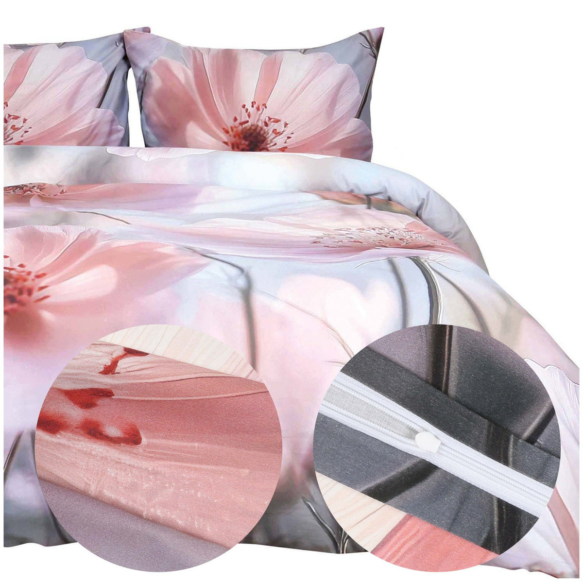 Pościel satynowa 180x200 Kwiaty różowa 12417 SATYNLOVE PREMIUM