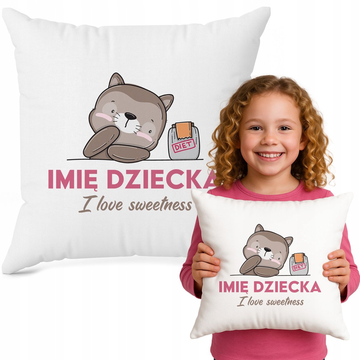 PODUSZKA BIAŁA DLA DZIECKA 40x40 DO PRZEDSZKOLA I LOVE SWEETNESS Z IMIENIEM
