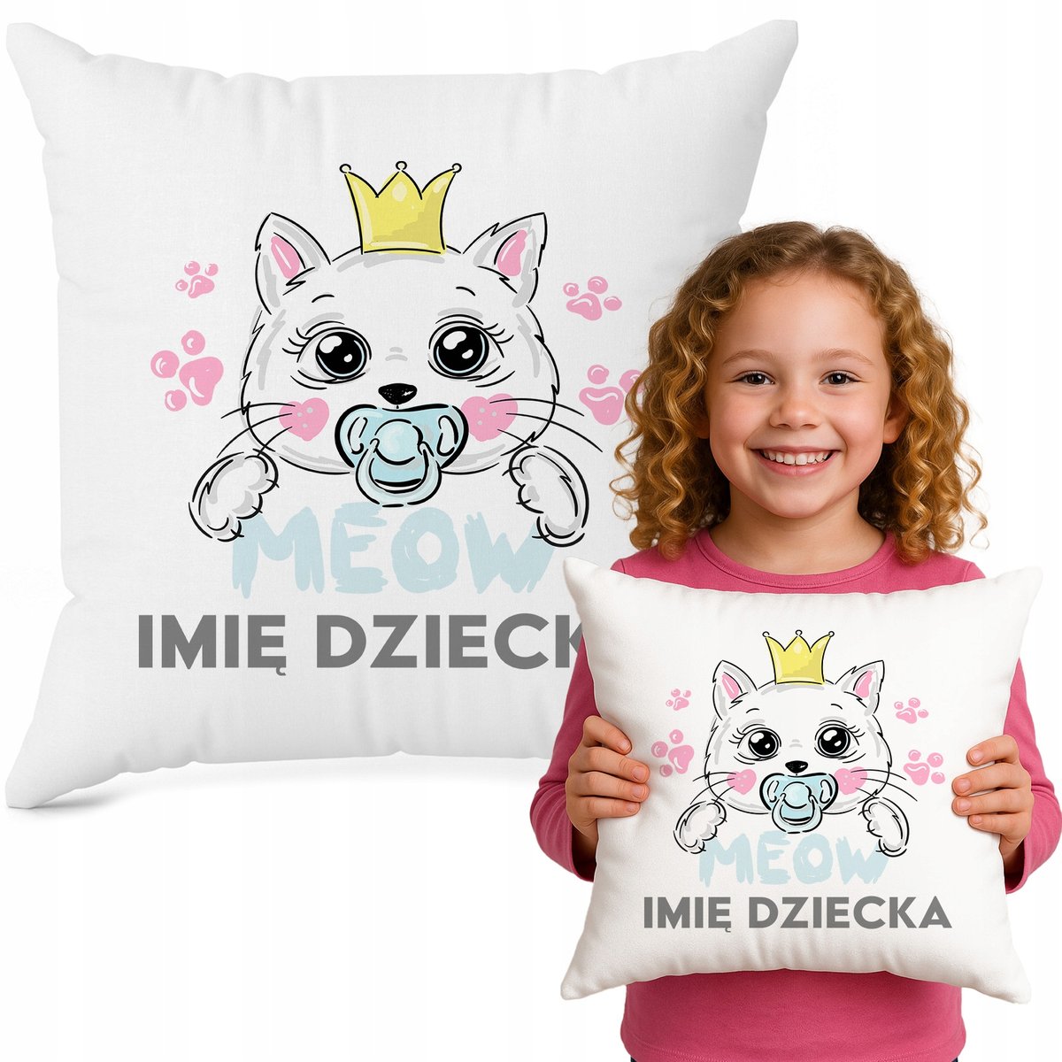 PODUSZKA BIAŁA DLA DZIECKA 40x40 WYPRAWKA PRZEDSZKOLA MEOW KOTEK Z IMIENIEM