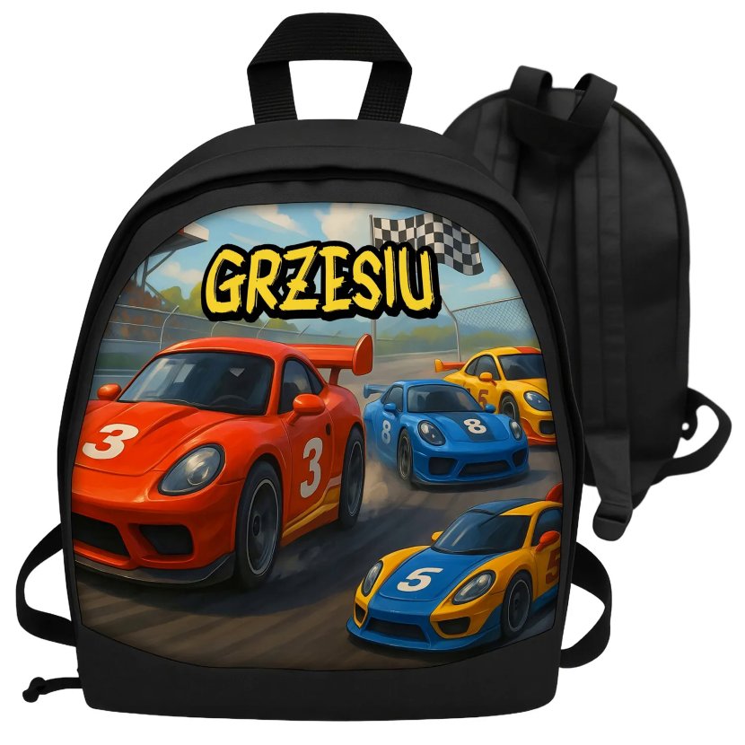 Plecak z imieniem dla dziecka personalizowany WYŚCIGI SPORTOWE AUTA prezent