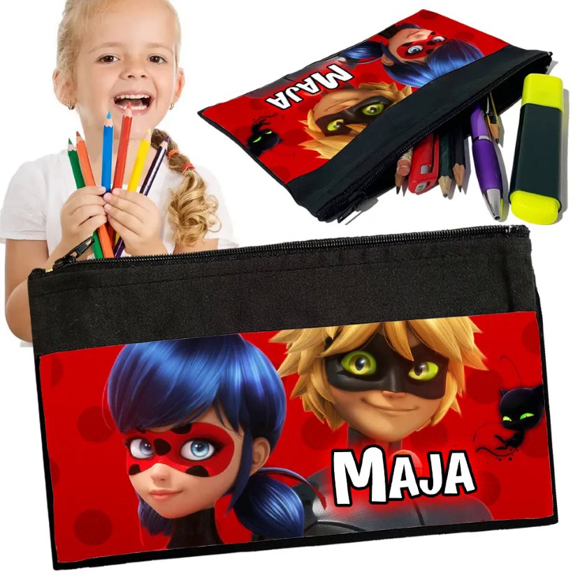 Personalizowany Piórnik BIEDRONKA I CZARNY KOT - Saszetka Nadruk Prezent