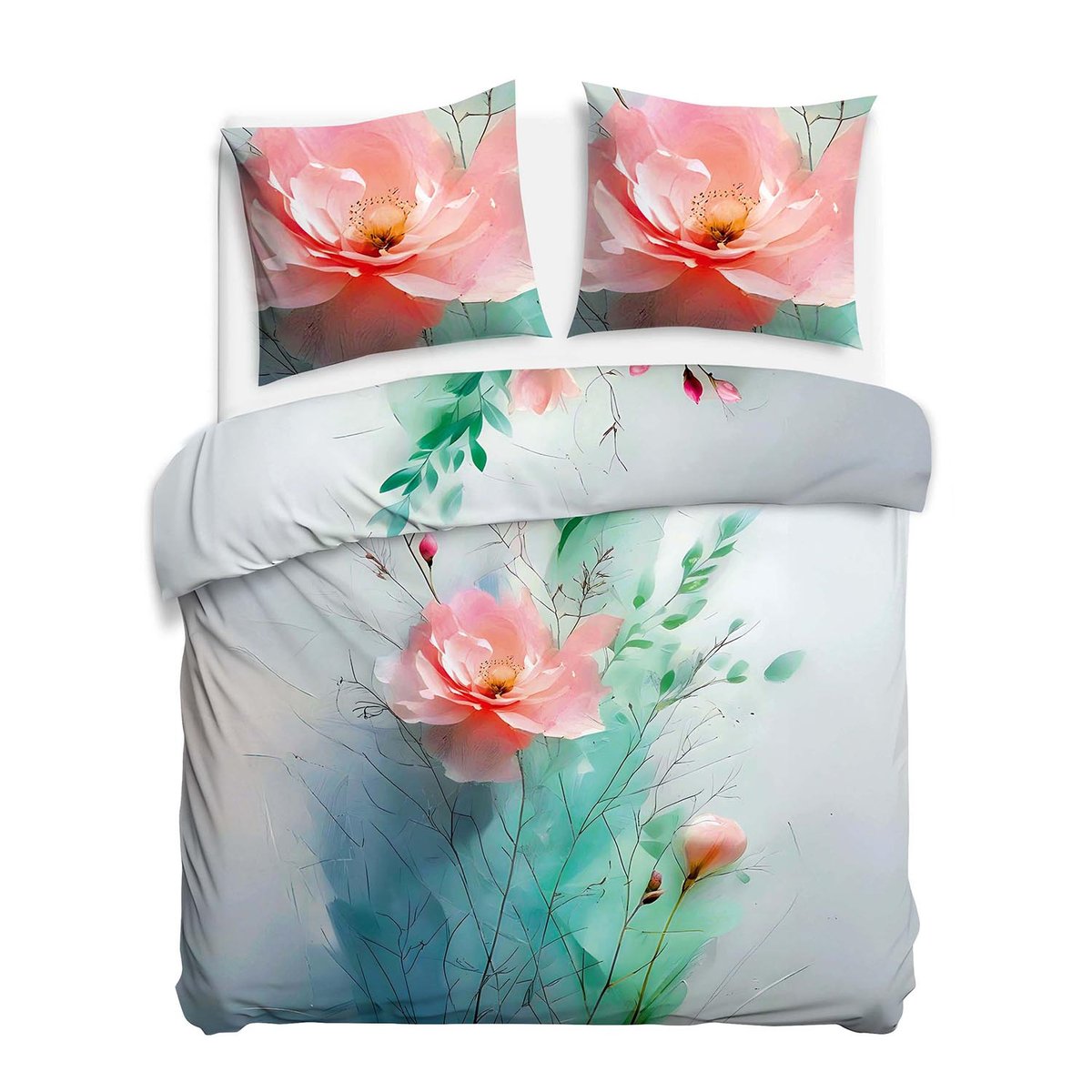 Pościel satynowa 160x200 jasna w różowe kwiaty i zielone liście delikatna elegancka - SATYNLOVE PREMIUM