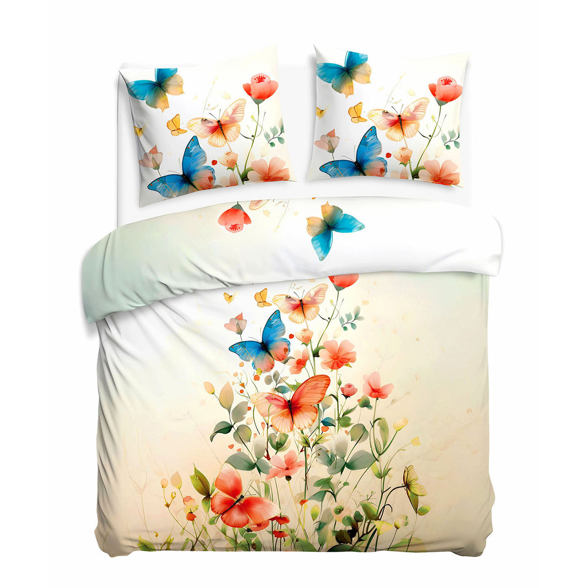 Pościel satynowa 160x200 jasna w kolorowe motyle i kwiaty delikatna elegancka - SATYNLOVE PREMIUM