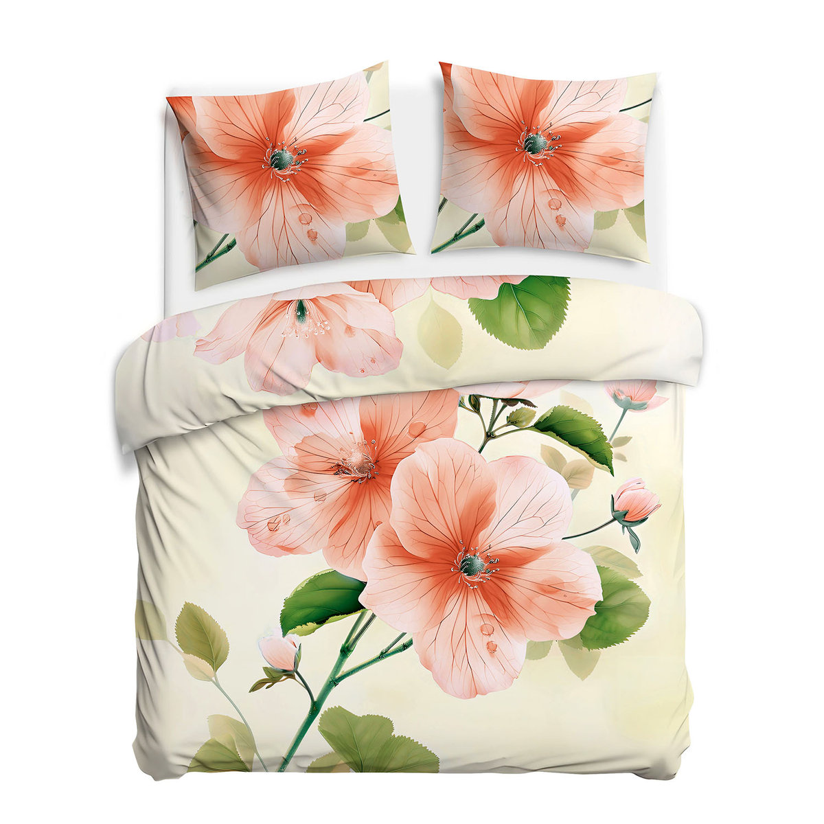 Pościel satynowa 160x200 kremowa w duże pomarańczowe kwiaty i zielone liście elegancka klasyczna - SATYNLOVE PREMIUM