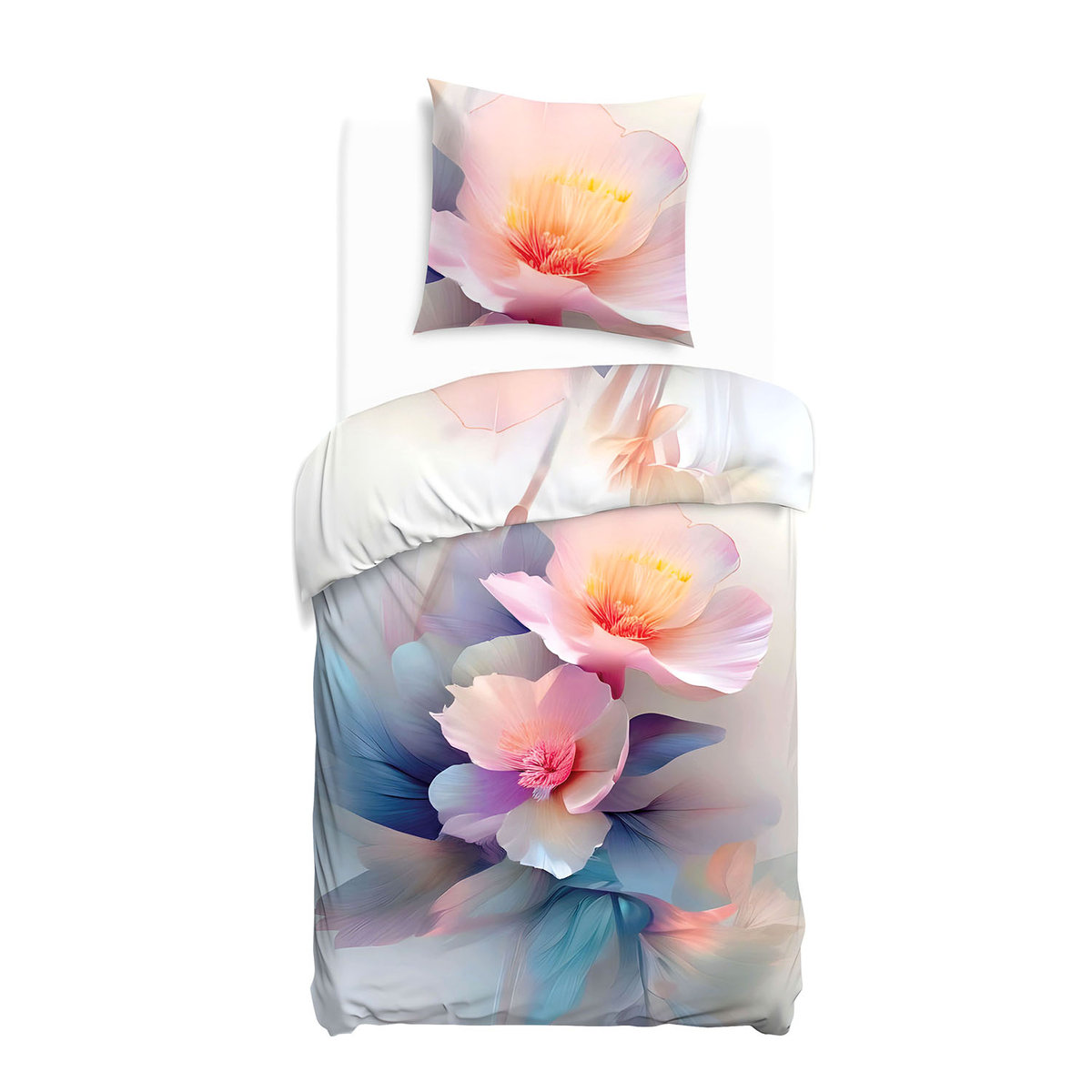 Pościel satynowa 140x200 Kwiaty różowa niebieska 12423 SATYNLOVE PREMIUM