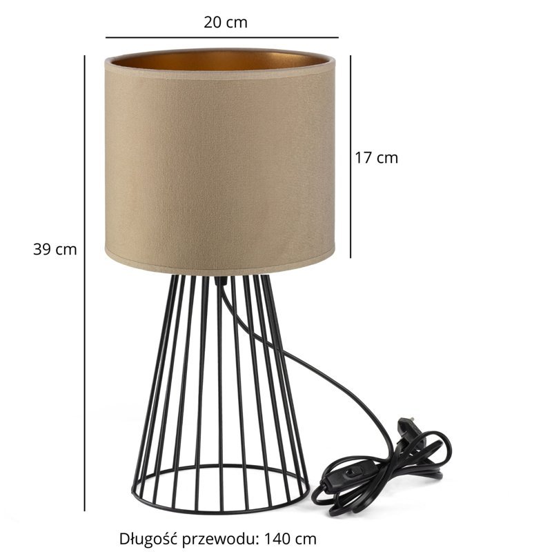 Lampka nocna stołowa do sypialni z abażurem welurowym cappuccino-złotym glamour