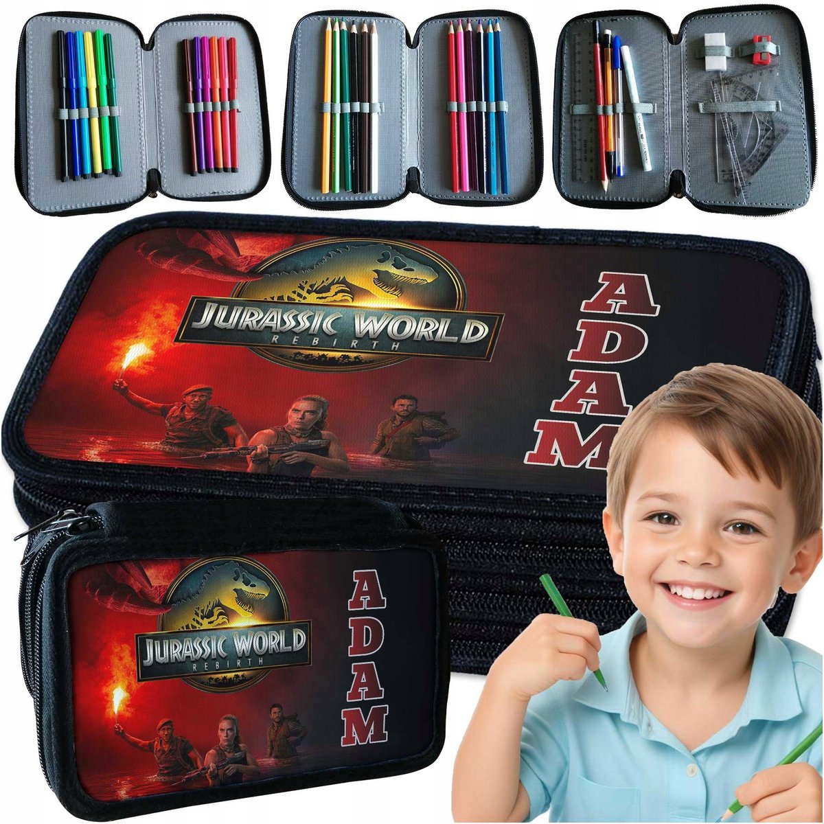 PIÓRNIK TRZYKOMOROWY Z WYPOSAŻENIEM DO SZKOŁY JURASSIC WORLD ODRODZENIE
