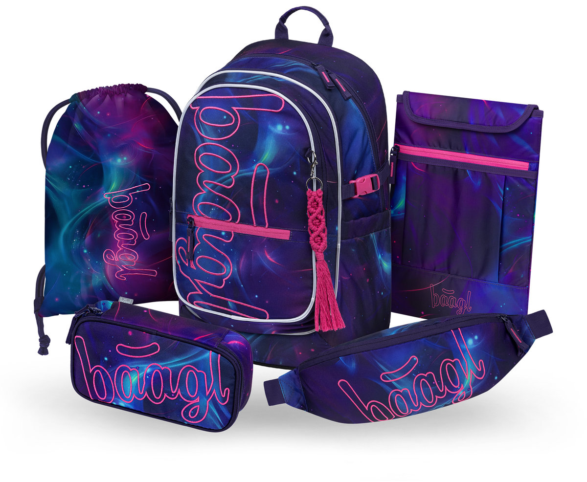 BAAGL Zestaw Szkolny 5w1 Plecak Ergonomiczny Core Nova Fioletowy + Piórnik + Worek + Nerka + Etui na laptopa