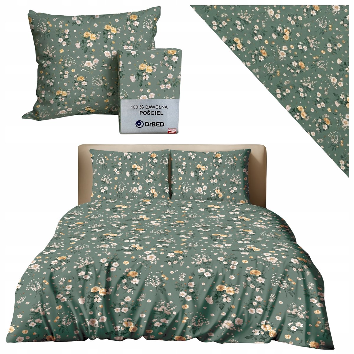 Pościel 160 200 BAWEŁNIANA Komplet Pościeli na Zamek ZIELONA W KWIATY