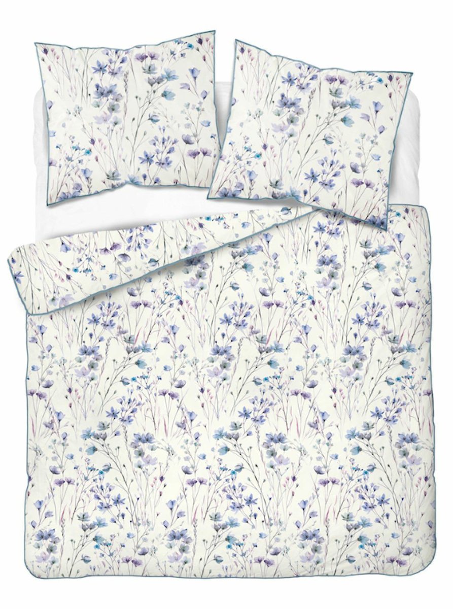 Pościel z perkalu 220x200 kremowa w niebiesko-fioletowe polne kwiaty - 5896 B - Soft Garden