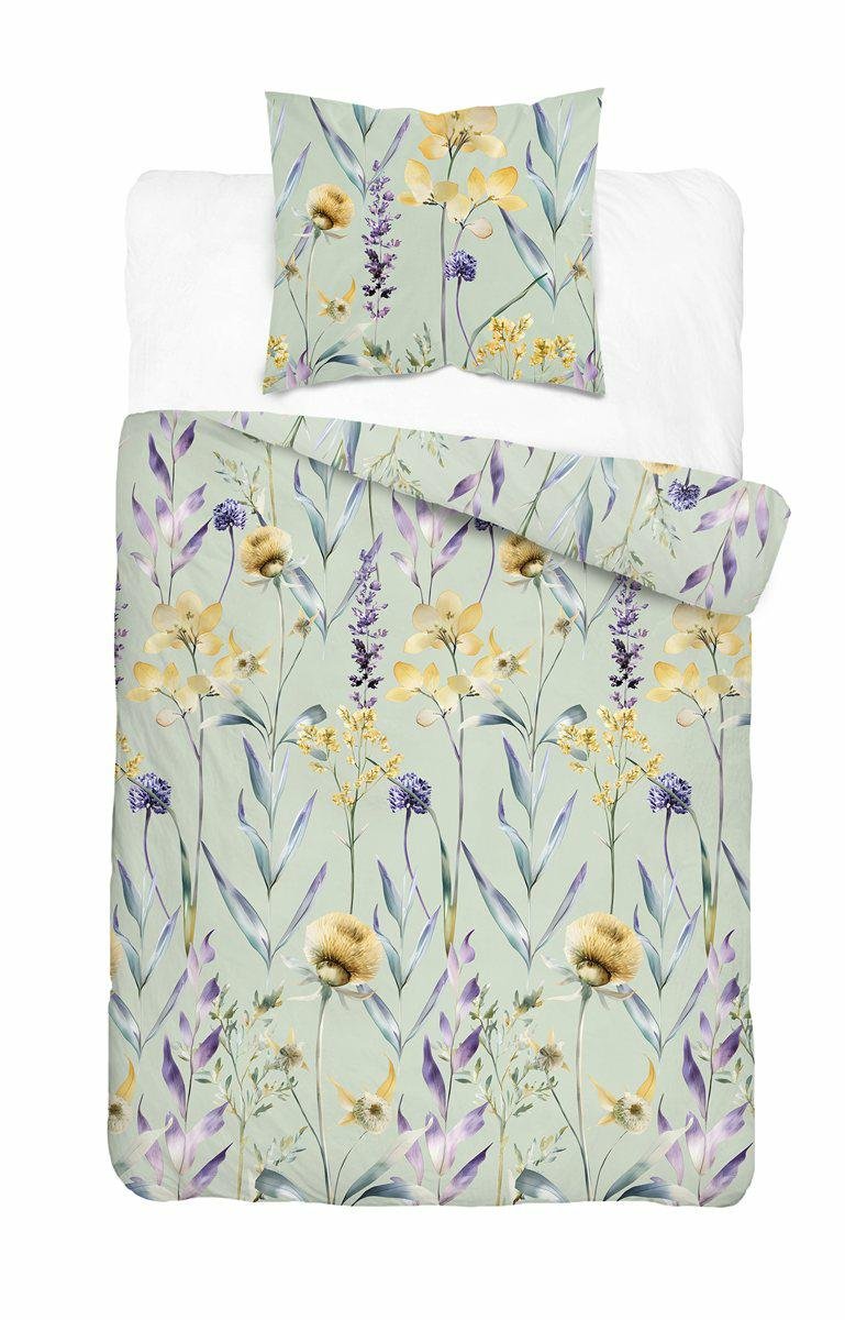Pościel satynowa 140x200 miętowa w pastelowe kwiaty – 5811 A – Botanica Satin