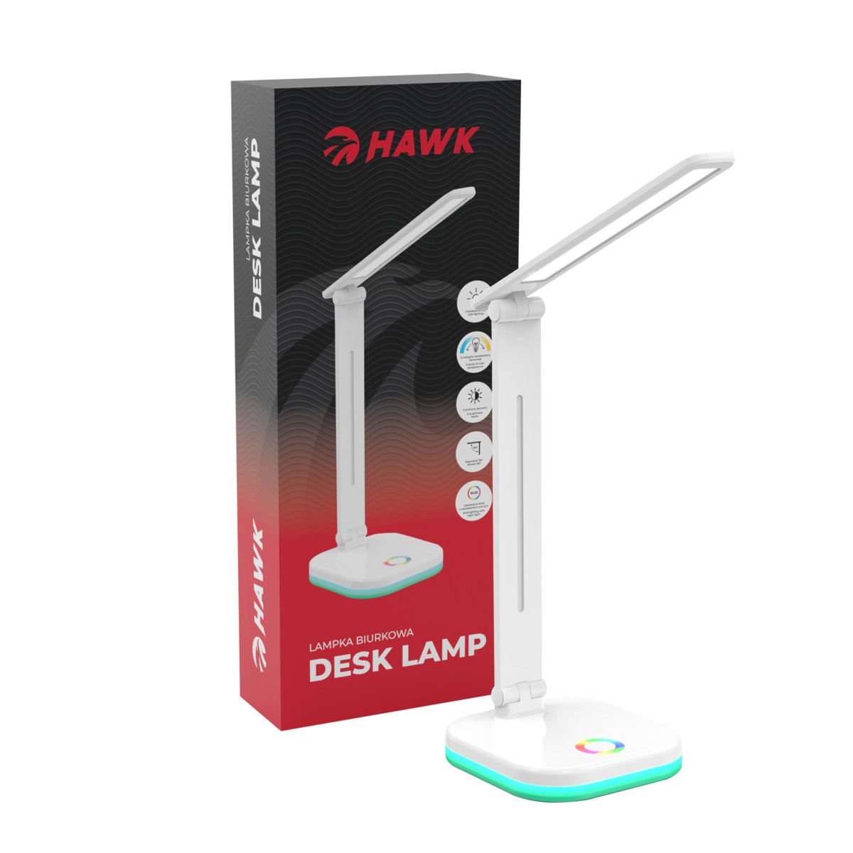 Lampka biurkowa HAWK HWDL001WH z podświetleniem RGB, regulacją jasności i zmienną barwą światła