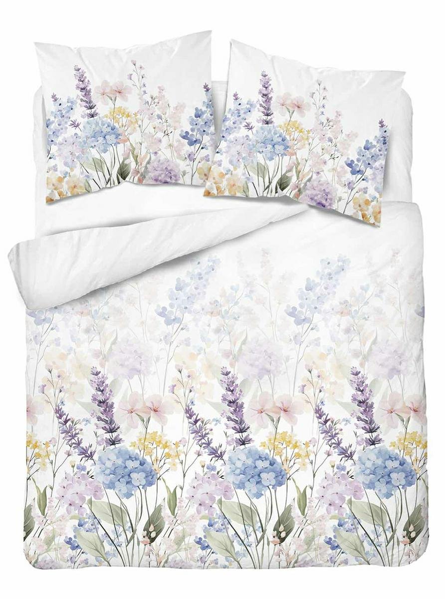 Pościel bawełniana 160x200 biała w pastelowe kwiaty akwarelowe fioletowo-żółte - 5760 A - Floral Harmony