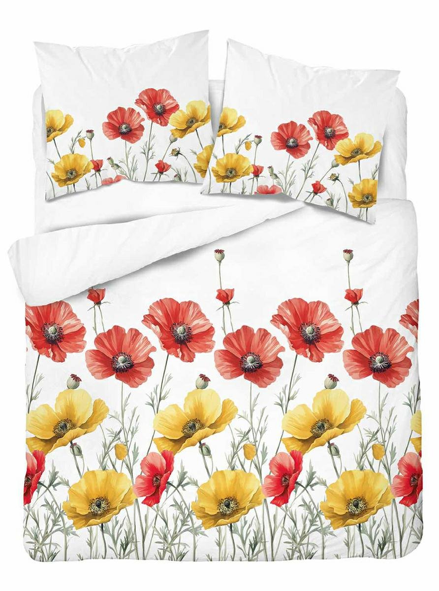 Pościel bawełniana 160x200 biała w czerwone i żółte maki - 5758 A - Floral Harmony