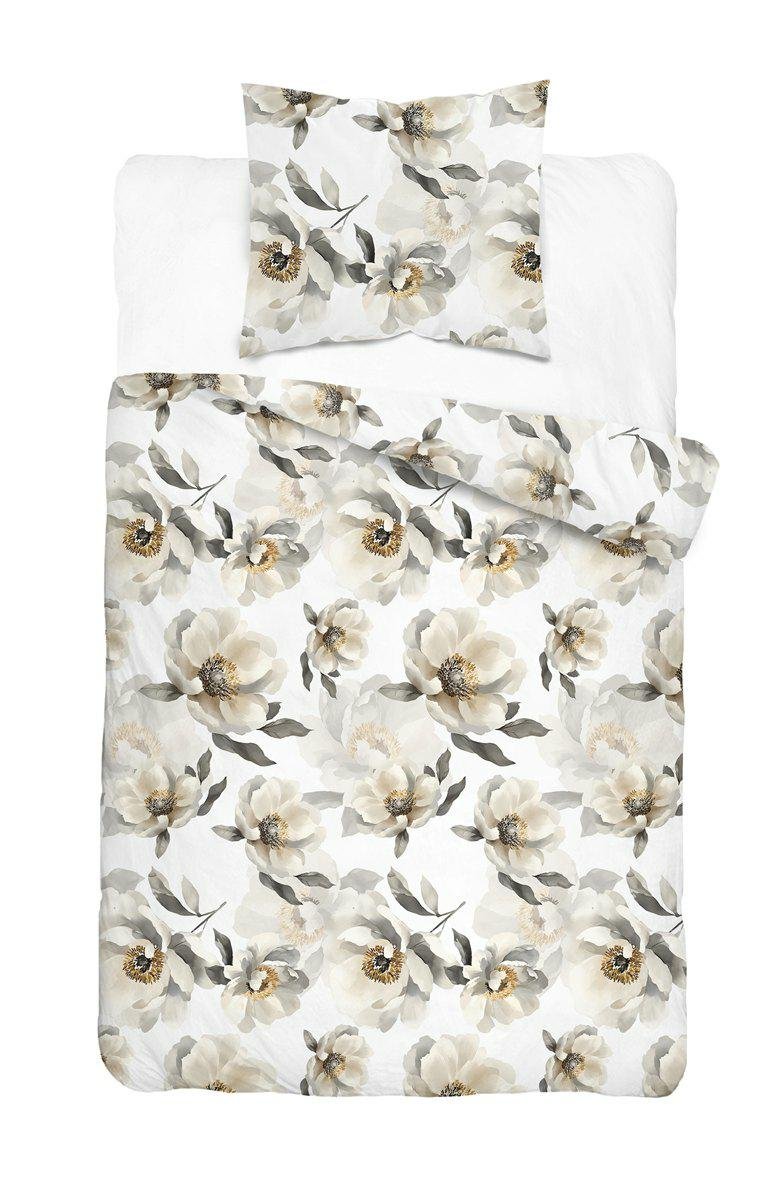 Pościel satynowa 140x200 biała w duże kremowe kwiaty – 5840 B – Botanica Satin