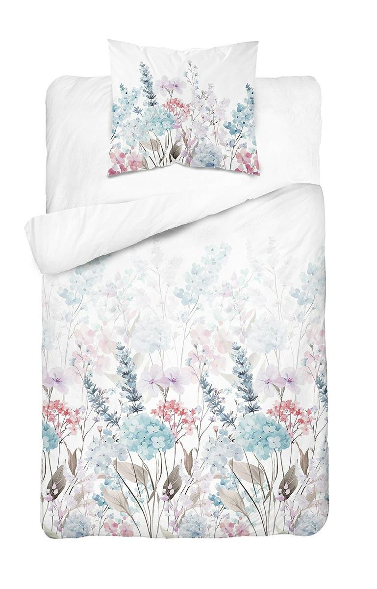 Pościel bawełniana 140x200 biała w pastelowe kwiaty akwarelowe niebiesko-różowe - 5760 B - Floral Harmony