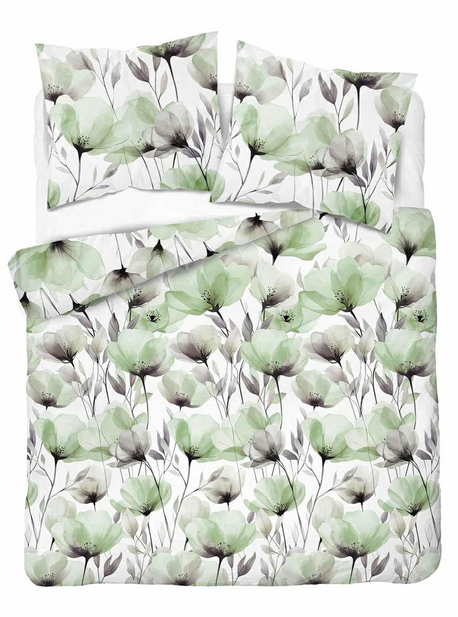 Pościel bawełniana 220x200 biała w akwarelowe zielone kwiaty - 5762 B - Floral Harmony