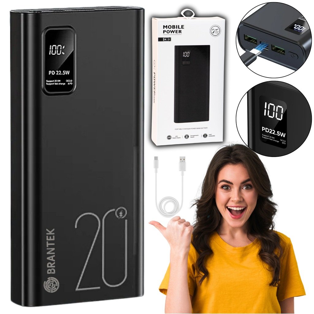 POWERBANK 20000mAh 22.5W SZYBKI POWER BANK PD PD20W USB-C BEZPIECZNY CZARNY