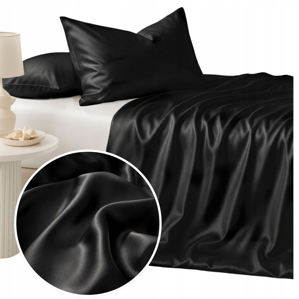 POŚCIEL JEDWABNA NATURALNA 220x200 CZARNA PREMIUM JEDWAB MORWOWY ELEGANCKA